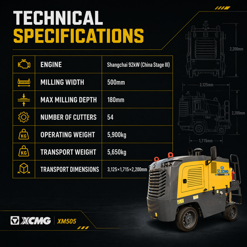 XM505 เครื่องบดถนนปรับปรุงถนน เครื่องบดเย็นสําหรับการซ่อมแซมถนนทางหลวงเมือง